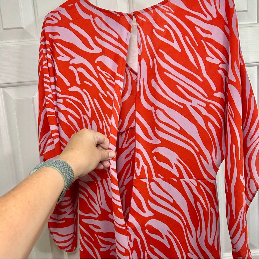 Cabi Saunter Dress Red & Lavender Maxi Empire Waist V-Neck Flutter Sleeve Sz S - Picture 6 of 16